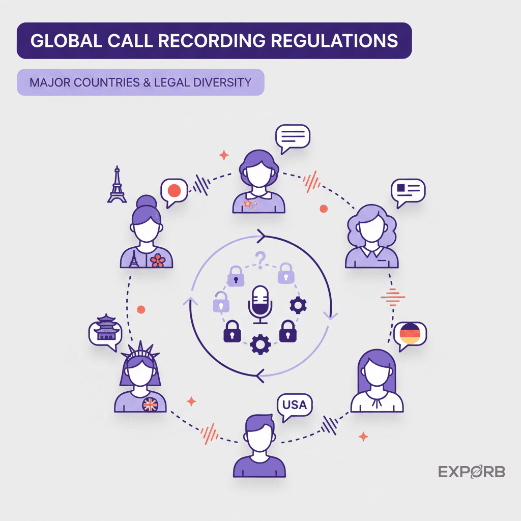 Grupo diverso de personas de diferentes países teniendo una conversación, simbolizando las leyes globales de grabación de llamadas