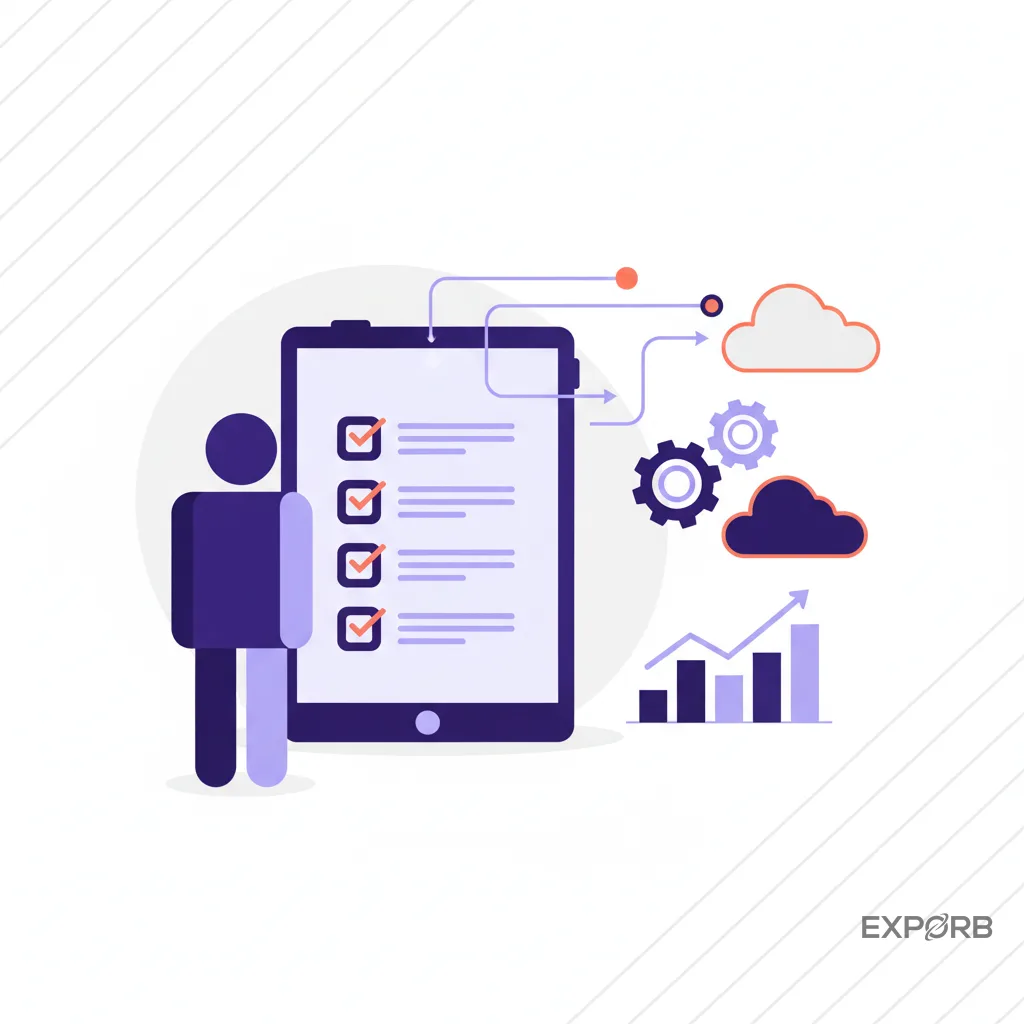 A person reviewing a compliance checklist on a tablet at a trade show booth