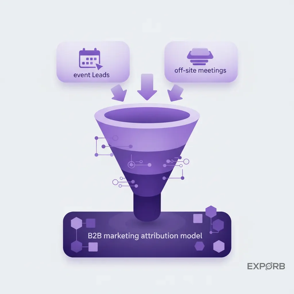Funnel diagram showing how event leads and off-site meetings feed into the larger B2B marketing attribution model