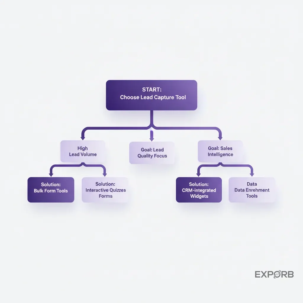 Decision tree diagram to help choose a lead capture tool based on goals like lead volume, quality, or sales intelligence