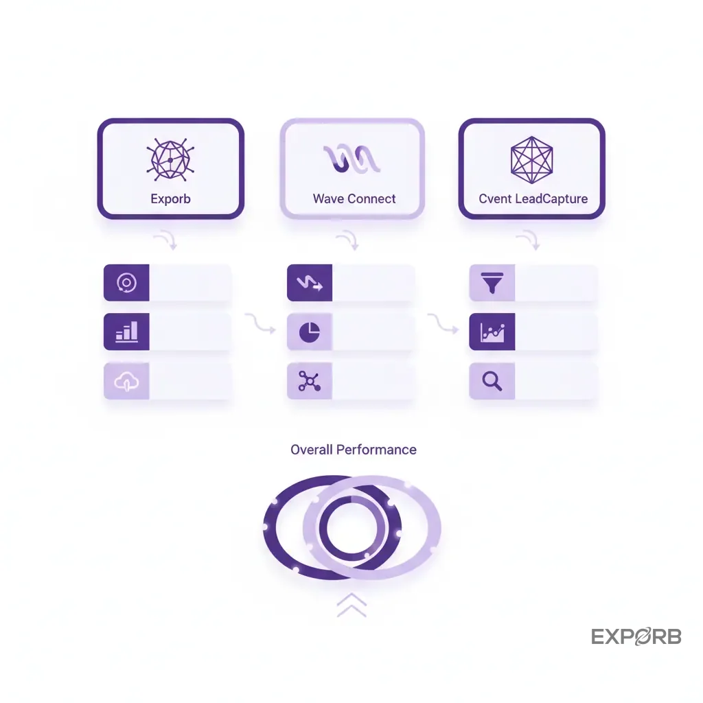 Logo comparison of Exporb, Wave Connect, and Cvent LeadCapture