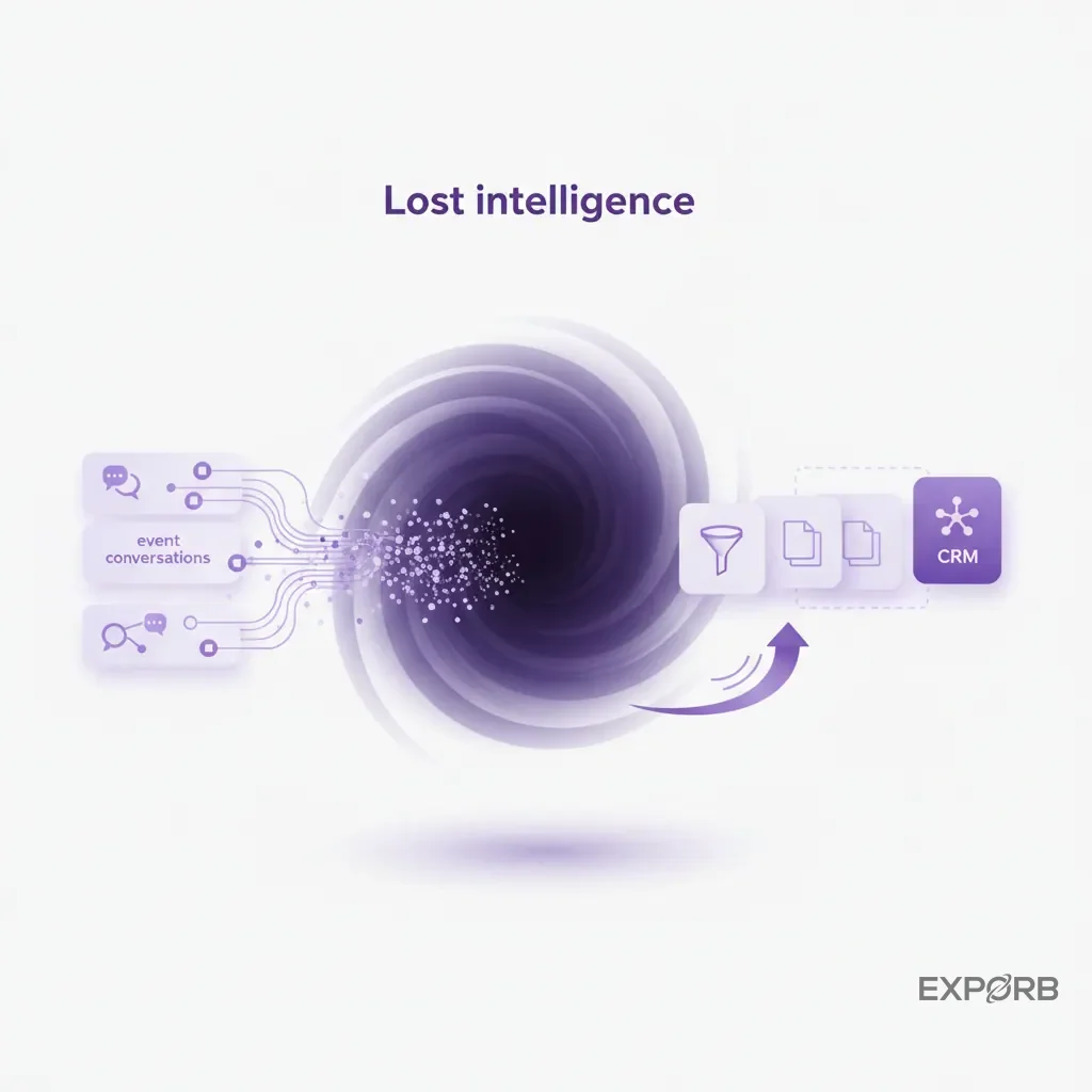 Diagram illustrating the 'black hole' of event intelligence where conversations happen but context is lost before reaching the CRM