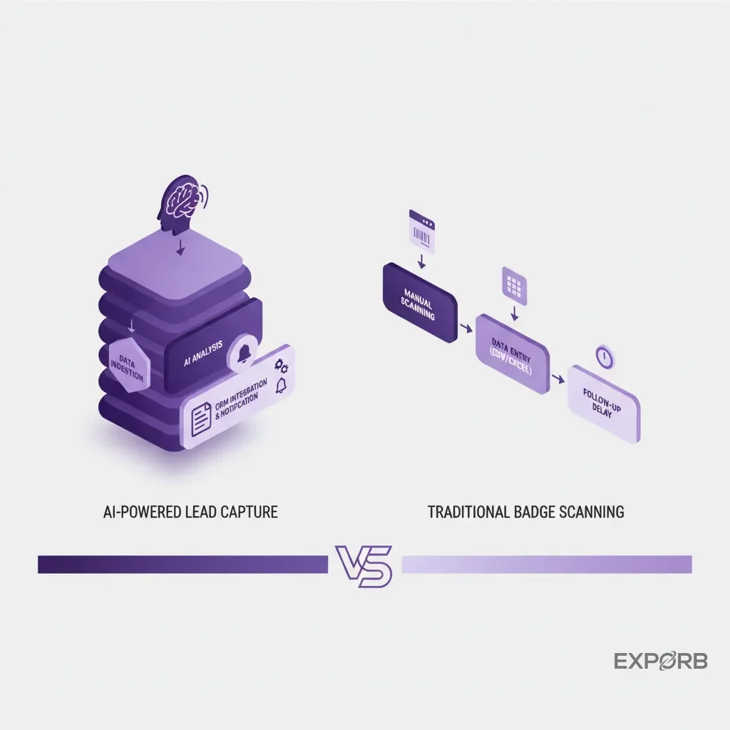 Workflow diagram comparing an AI-powered lead capture process with a traditional badge scanning workflow