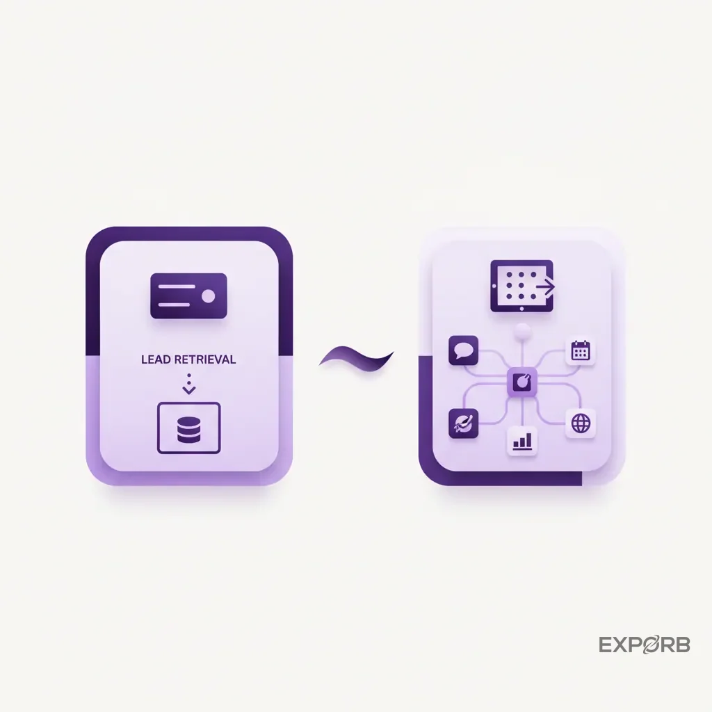 Icon-based graphic explaining the difference between lead retrieval (basic contact data) and lead capture (rich contextual data)