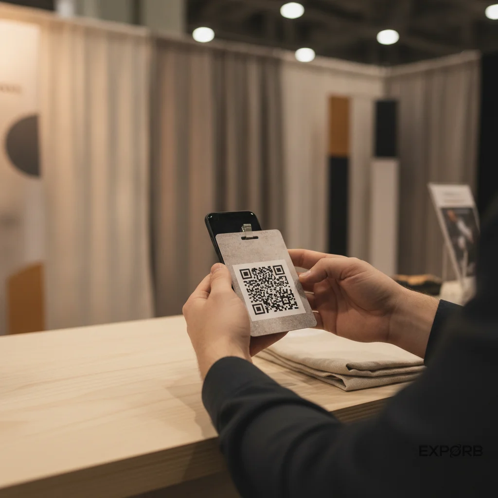 Booth staff scanning a visitor badge with a smartphone at a trade show