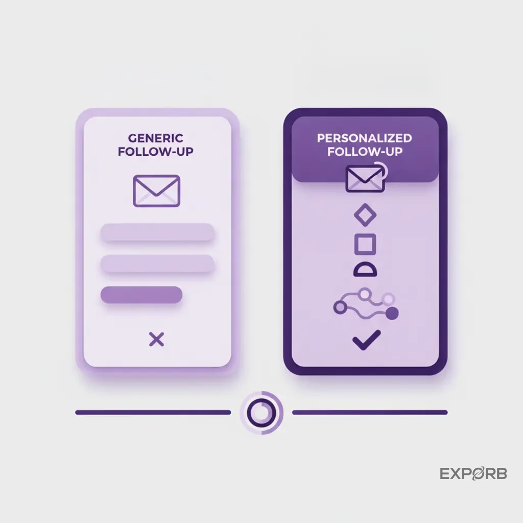 Side-by-side comparison of a generic, boring follow-up email versus a personalized email with specific details from a booth conversation.