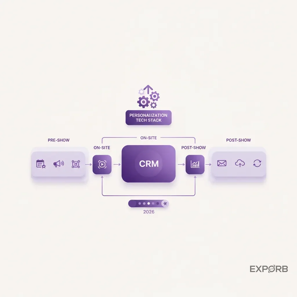 Diagram showing a tech stack for events, with tools for pre-show, on-site, and post-show phases flowing into a central CRM.