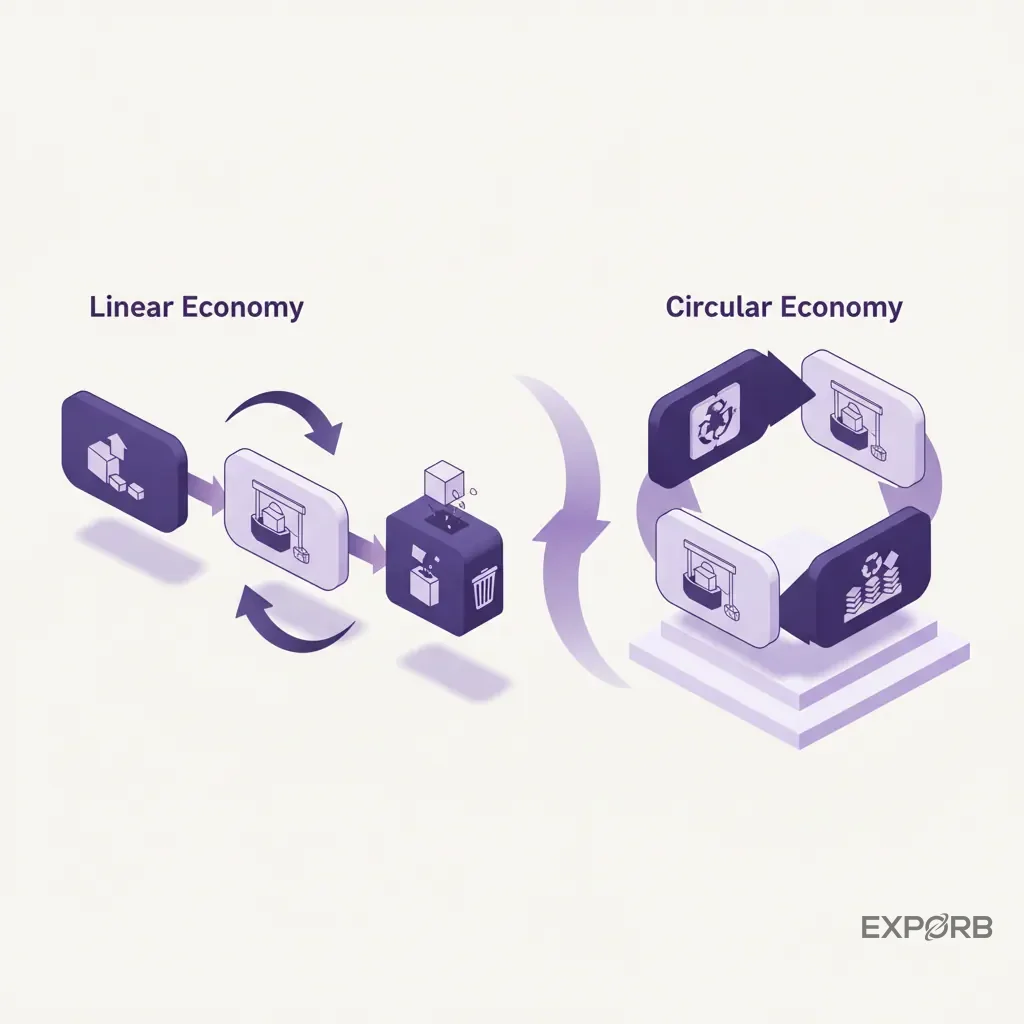 Diagram showing the shift from linear (build-use-trash) to circular (build-use-reuse) economy for trade show booths.
