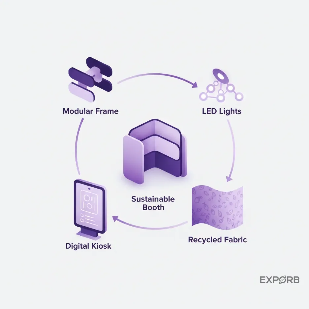 Icon composition showing key elements of a sustainable booth: modular frame, LED lights, recycled fabric, and digital kiosk.