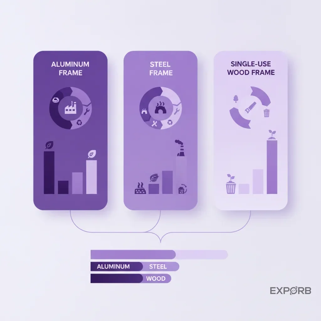 Infographic comparing the lifecycle carbon footprint of aluminum, steel, and single-use wood booth frames.
