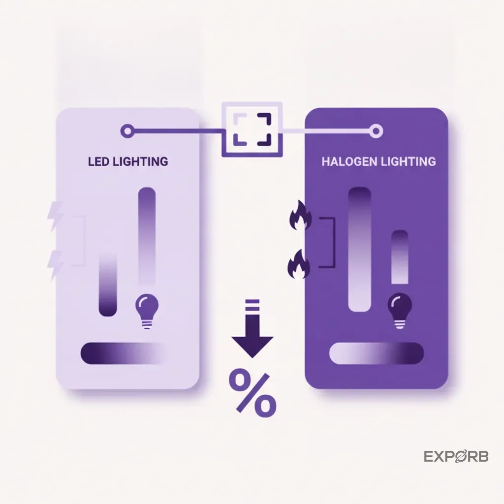 Comparison chart showing the energy consumption (kWh) and lifespan (hours) of LED vs. Halogen lighting for a 10x10 booth.