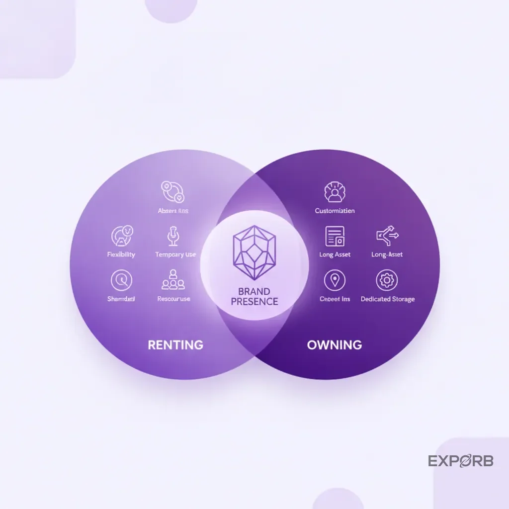 Venn diagram comparing the has of renting vs. owning a trade show booth, with the intersection showing 'brand presence'.