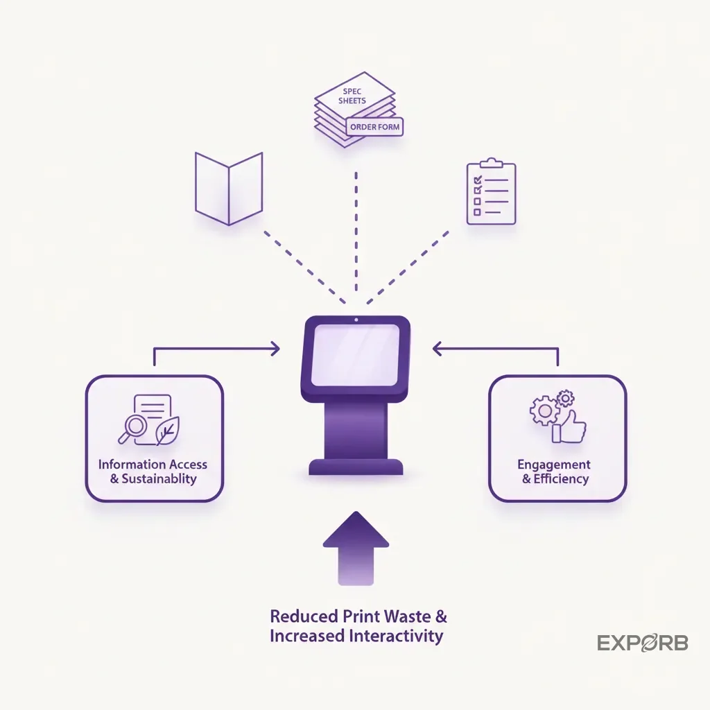Infographic showcasing how an interactive kiosk can replace printed materials like brochures, spec sheets, and order forms.