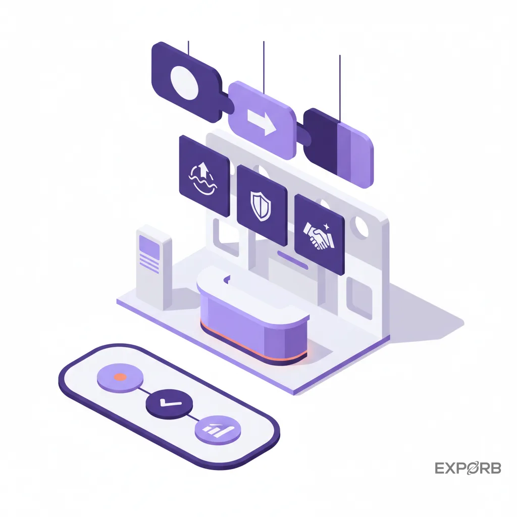 Trade show booth with clear, bold messaging and striking hanging signage