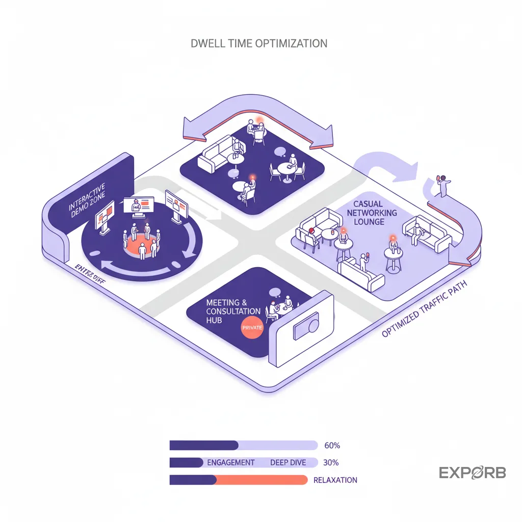 Trade show booth layout with distinct zones for interaction and meeting