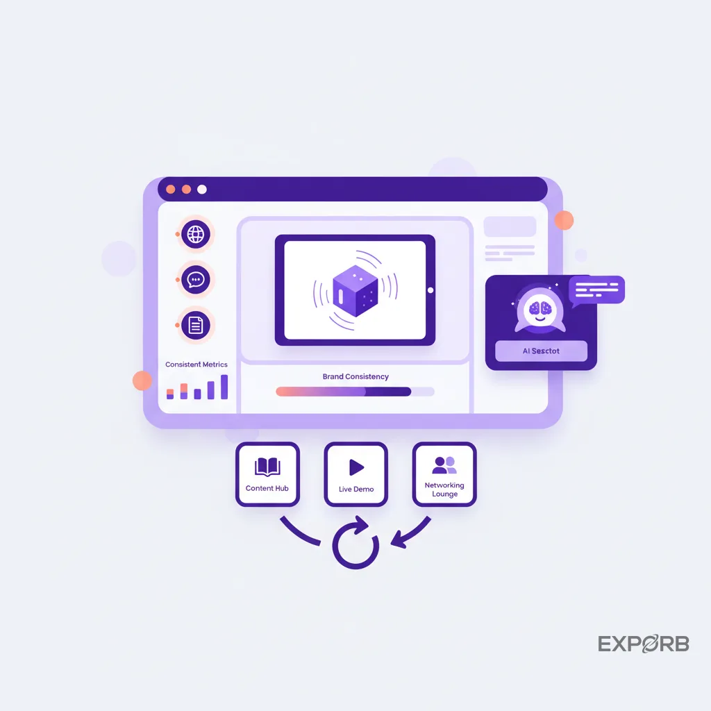 Virtual trade show booth interface with interactive elements and AI chatbot