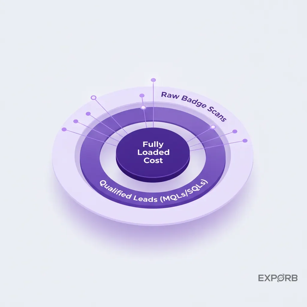 Diagram illustrating the three layers of trade show cost per lead: a central circle for 'Fully Loaded Cost', a middle ring for 'Qualified Leads (MQLs/SQLs)', and an outer ring for 'Raw Badge Scans'.