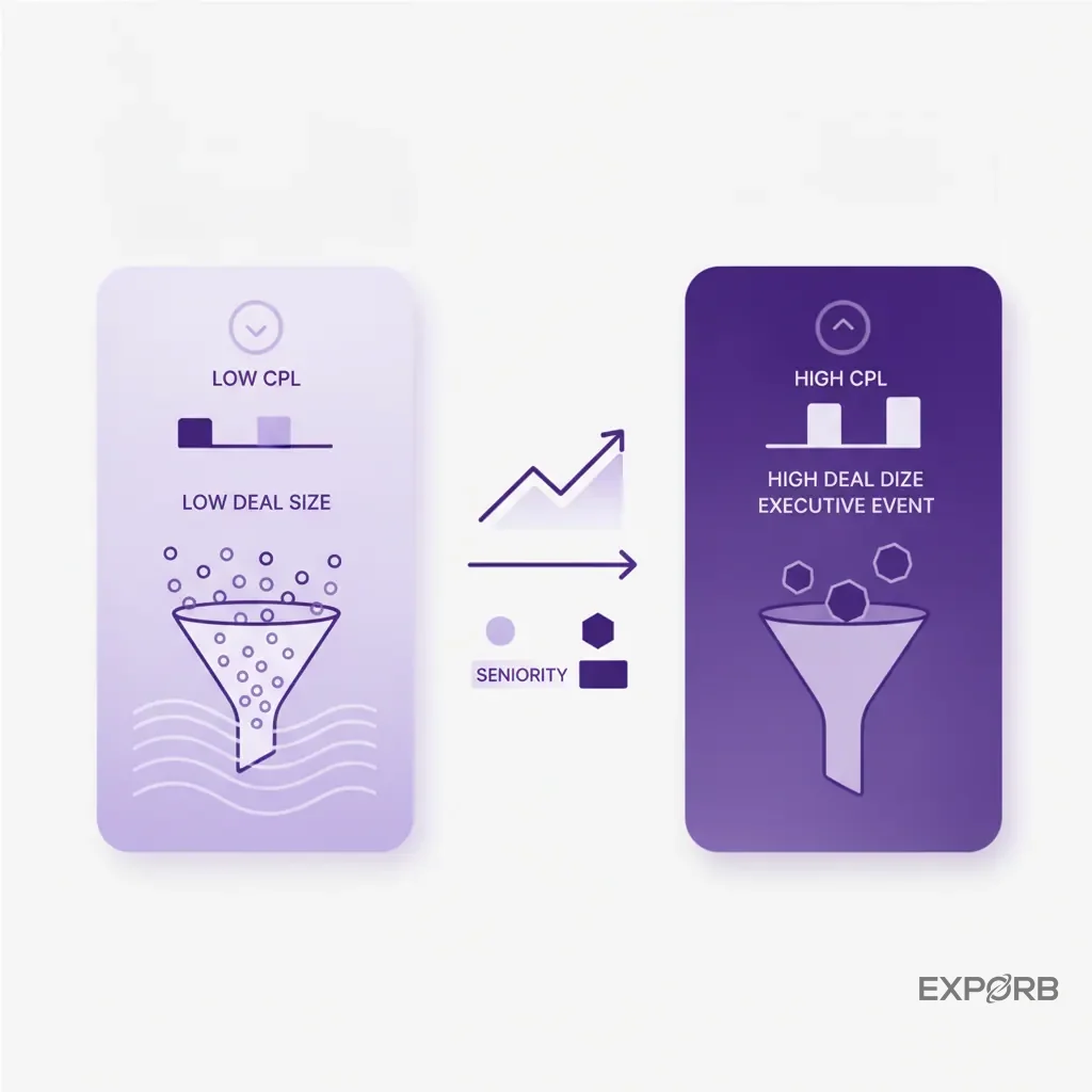 Infographic comparing a low CPL, low deal size event with a high CPL, high deal size executive event, showing the relationship between audience seniority and cost.