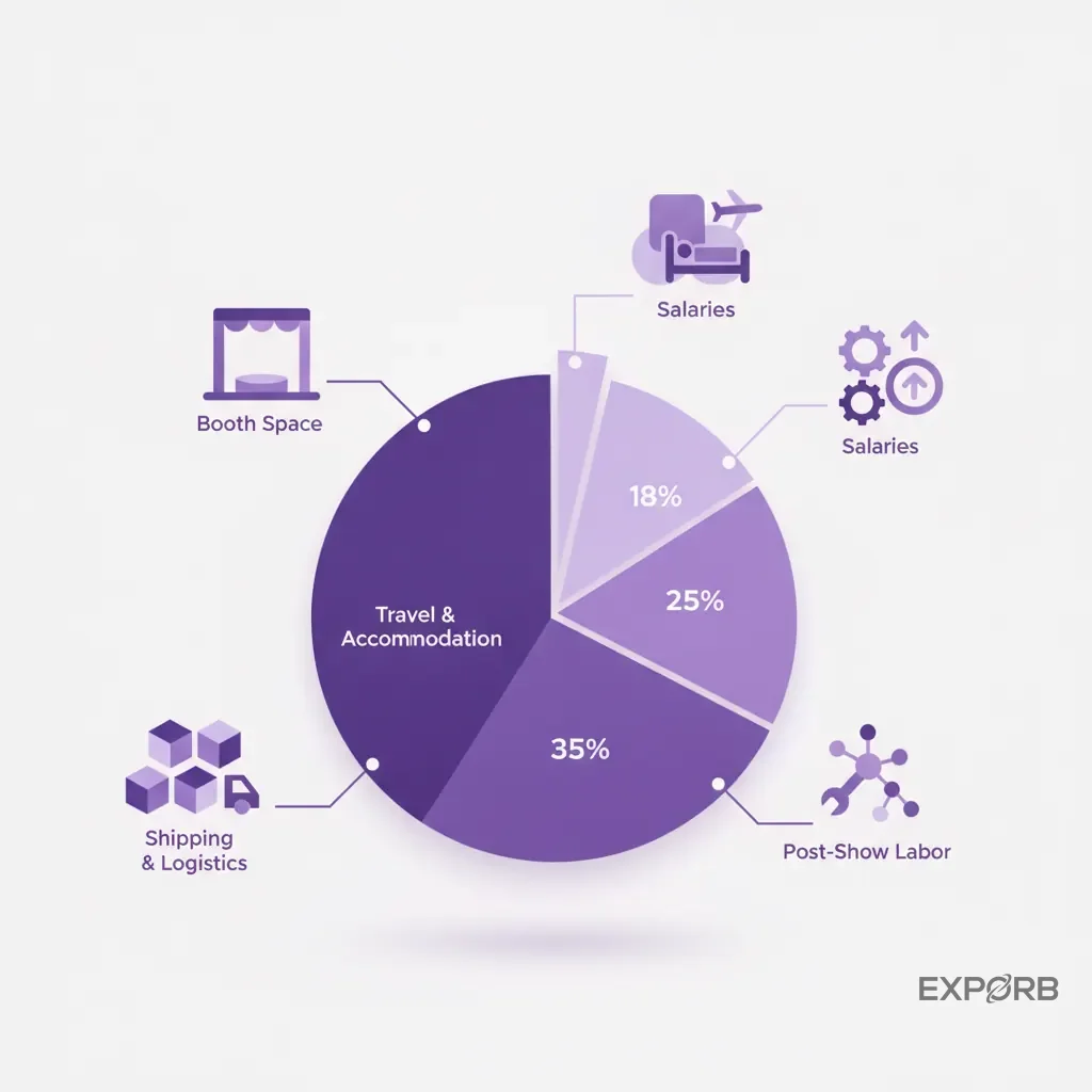 Pie chart infographic breaking down the total cost of a trade show, with slices for 'Booth Space', 'Travel & Accommodation', 'Staff Salaries', 'Shipping & Logistics', and 'Post-Show Labor'.