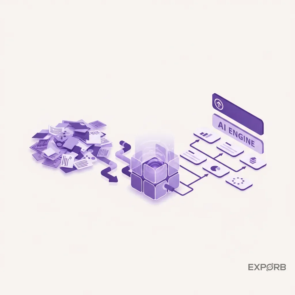 Conceptual diagram showing a jumble of unstructured notes and business cards on one side, being processed through an AI engine and emerging as structured, actionable data points on the other side.