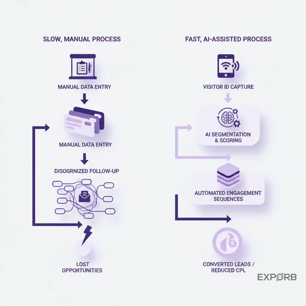 Flowchart comparing a slow, manual lead capture and follow-up process with a fast, AI-assisted process.