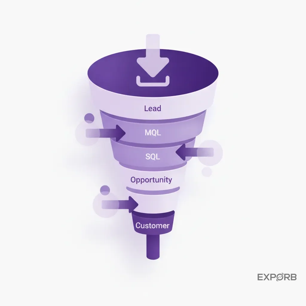 A sales funnel diagram showing the progression of leads from the top ('Lead') down to the bottom ('Customer'), with conversion rates shown at each stage (MQL, SQL, Opportunity).