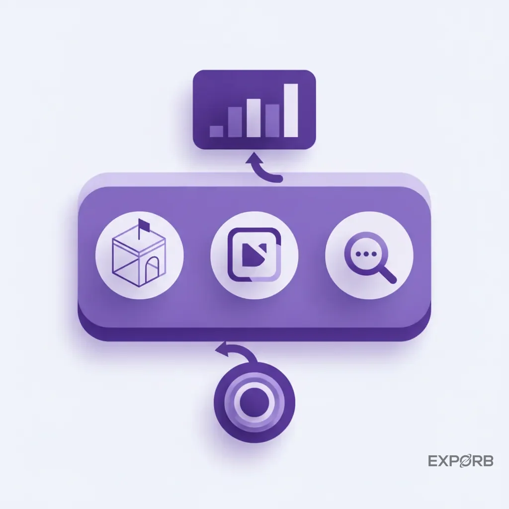 Icon composition showing a trade show booth, a social media logo, and a search engine icon to represent different marketing channels.