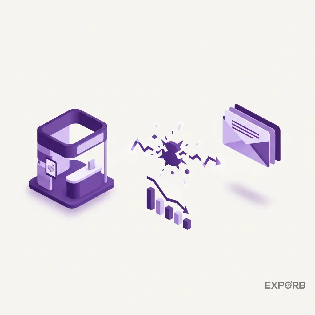 Diagrama mostrando uma conexão quebrada entre uma conversa em um estande de feira e uma caixa de entrada de e-mail, representando uma desconexão de dados.