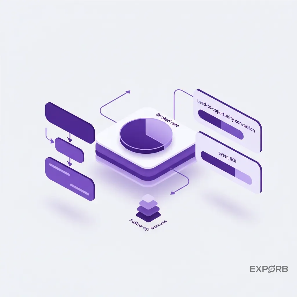 Infográfico de painel exibindo métricas chave: taxa de reuniões agendadas, conversão de lead para oportunidade e ROI do evento.