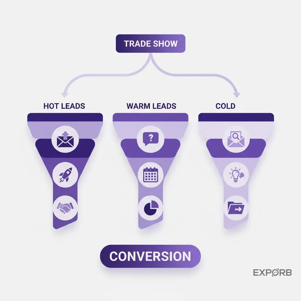 Diagrama mostrando três funis separados para leads quentes, mornos e frios, cada um com diferentes ícones de modelo de e-mail.
