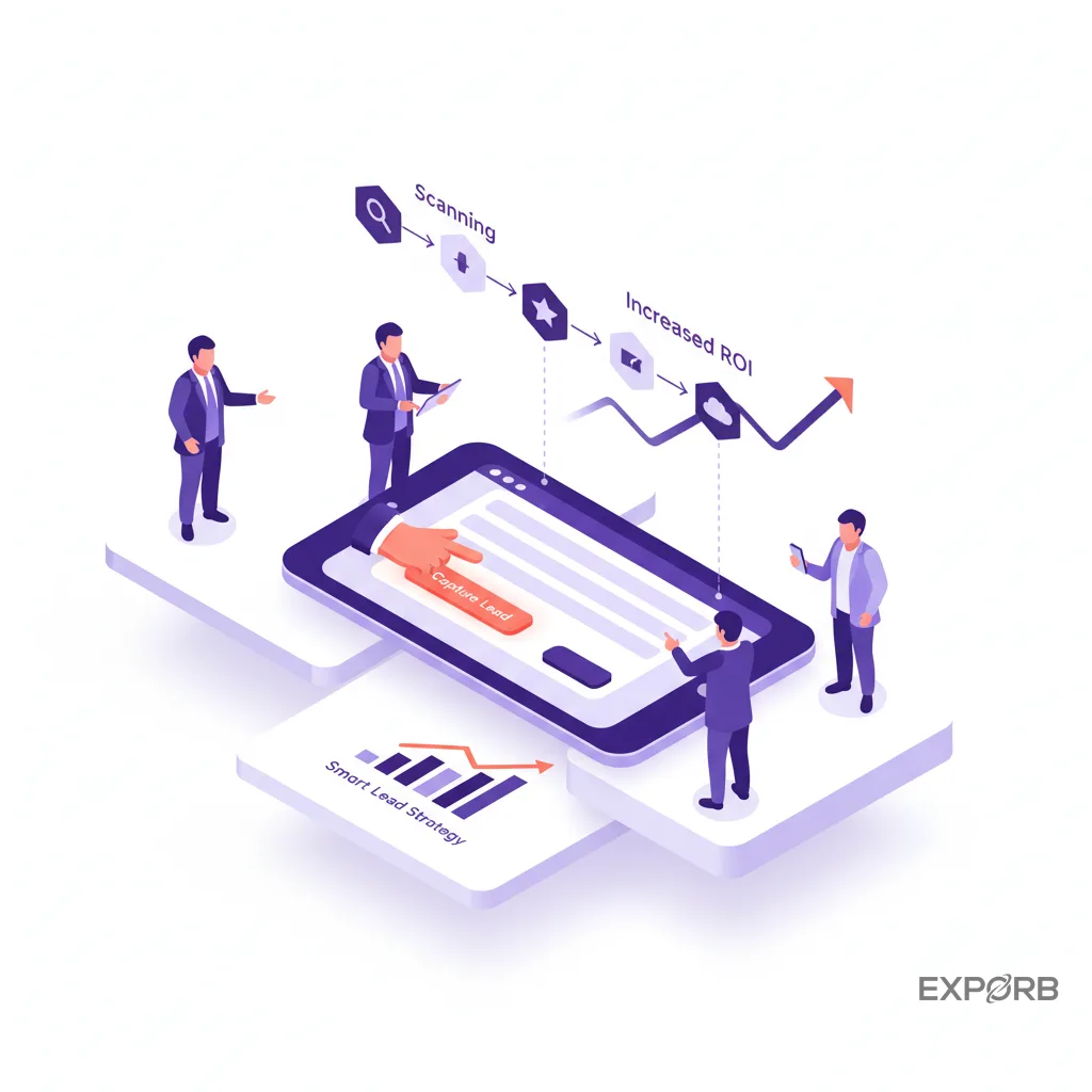 Trade show attendees engaging with a digital Lead Capture App on a tablet