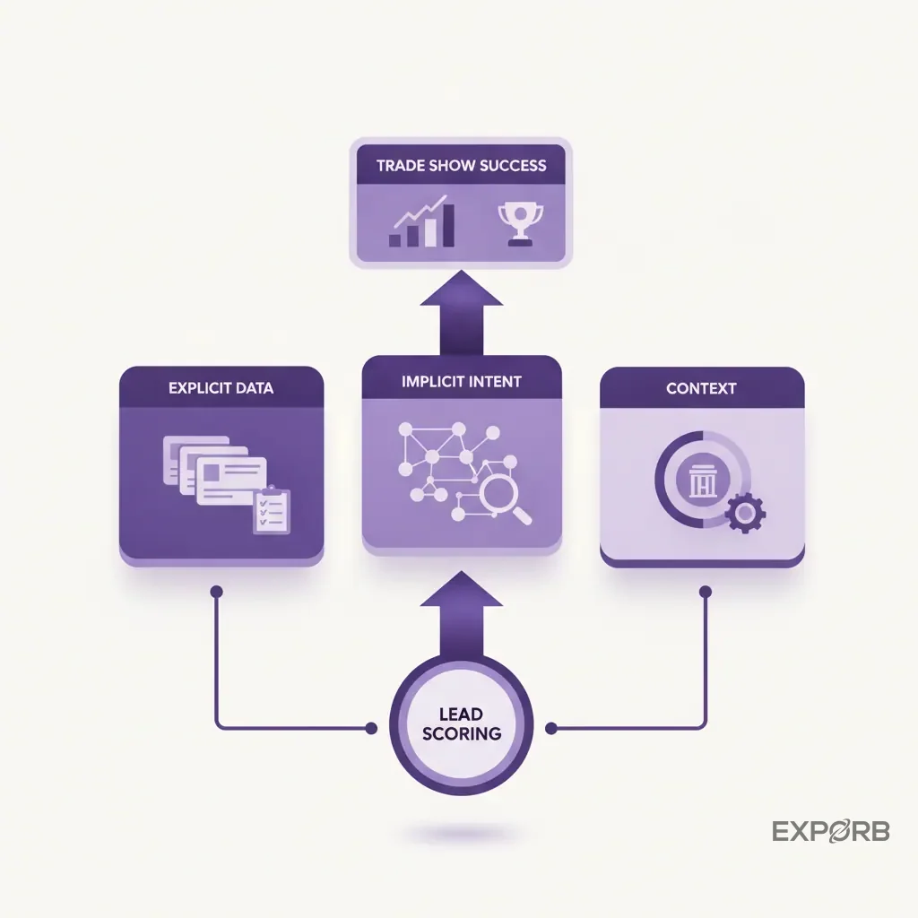 Infographic breaking down the three pillars of intent-based lead scoring: explicit data, implicit intent, and conversation context.