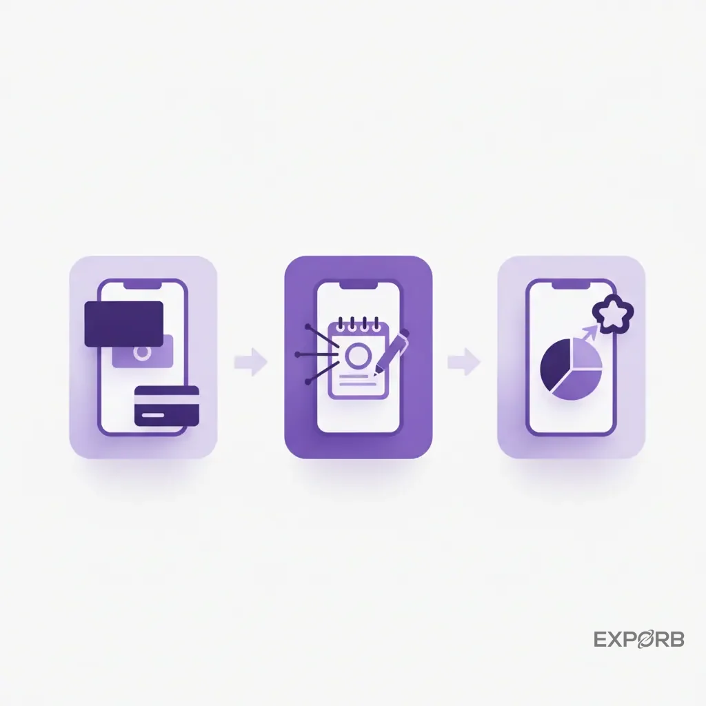 Infographic showing a mobile app workflow for lead capture: scan card, add notes, assign score.