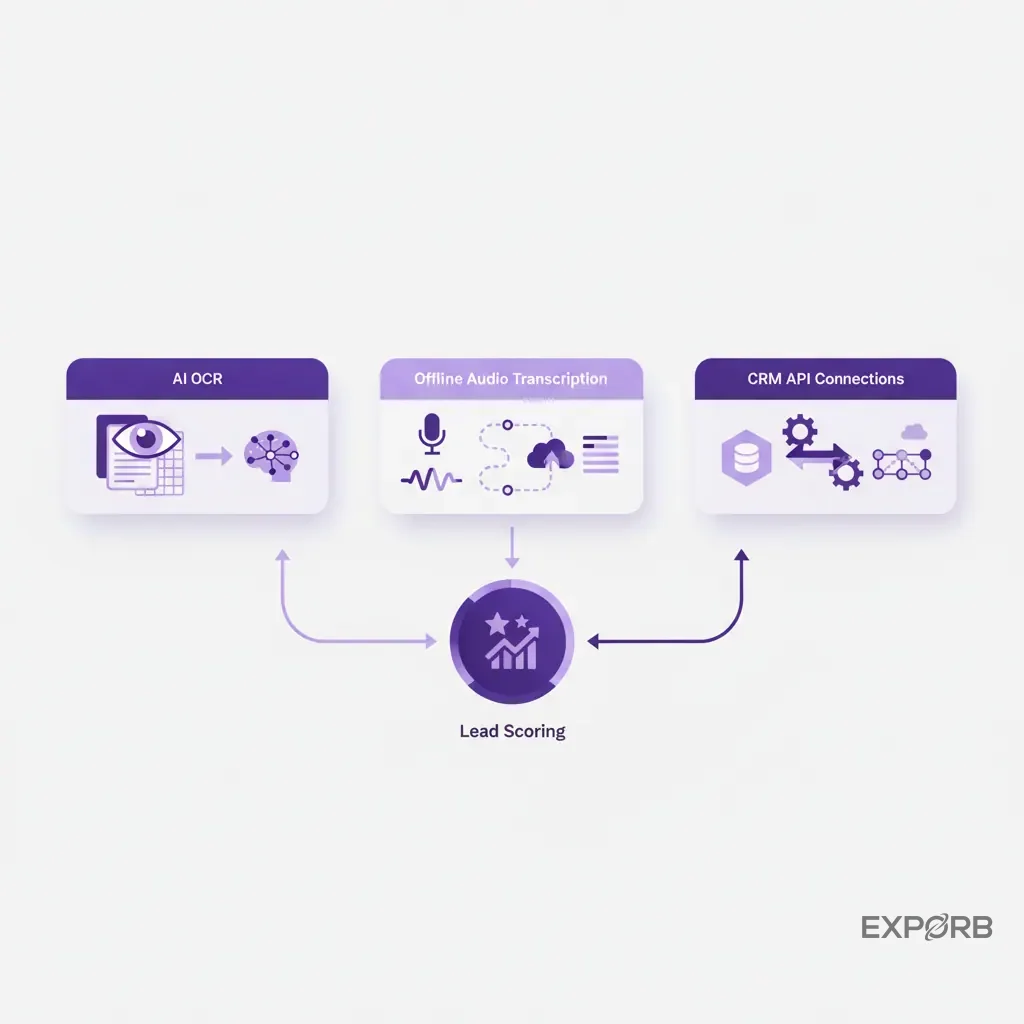 Icon composition showing the key technologies: AI OCR, offline audio transcription, and CRM API connections.