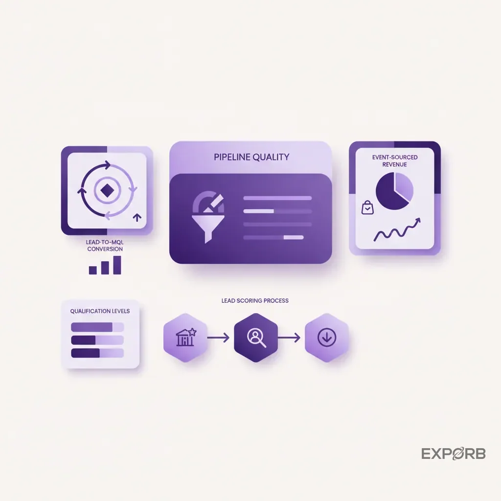 A dashboard mockup displaying key pipeline metrics like lead-to-MQL conversion rate and event-sourced revenue.