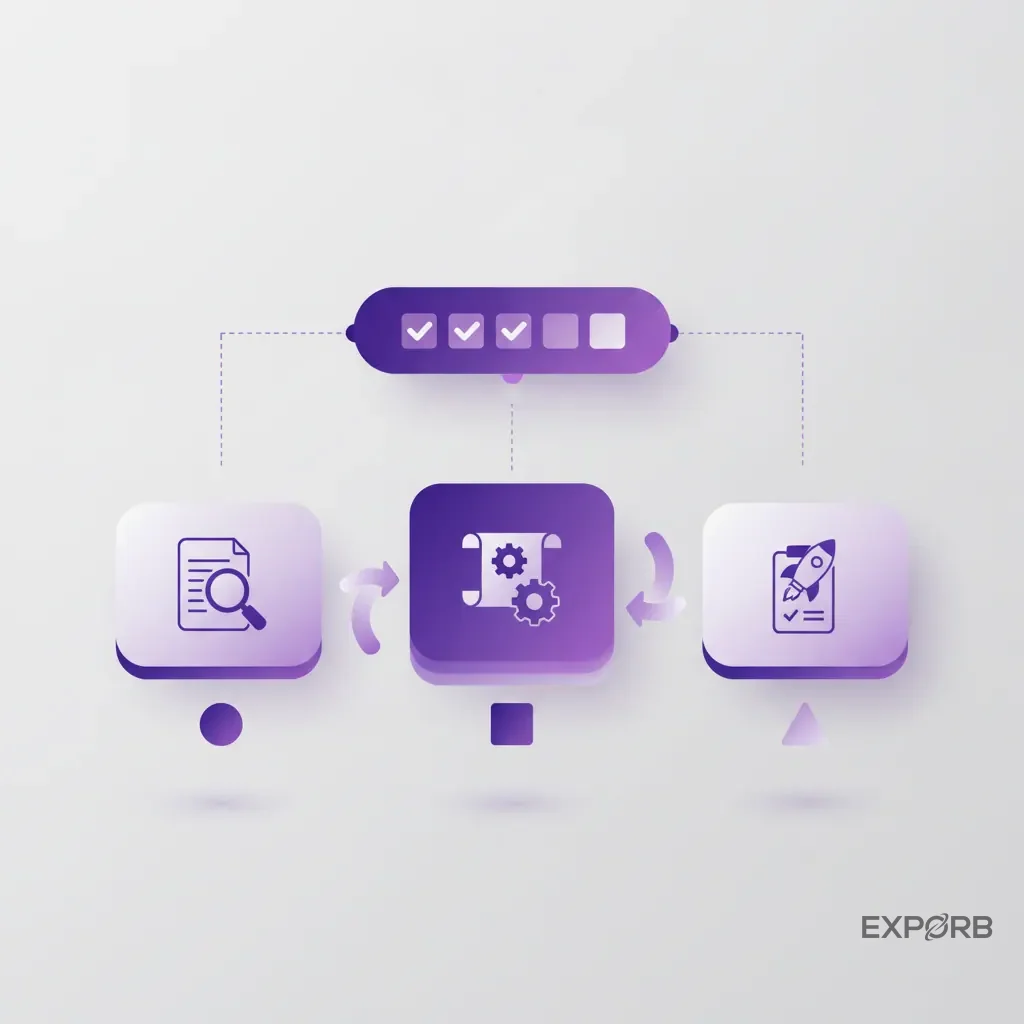 Eine dreistufige Checklisten-Infografik mit dem Titel „Messenmanagement-Blaupause“ und Icons für Prüfen, Definieren und Umsetzen.