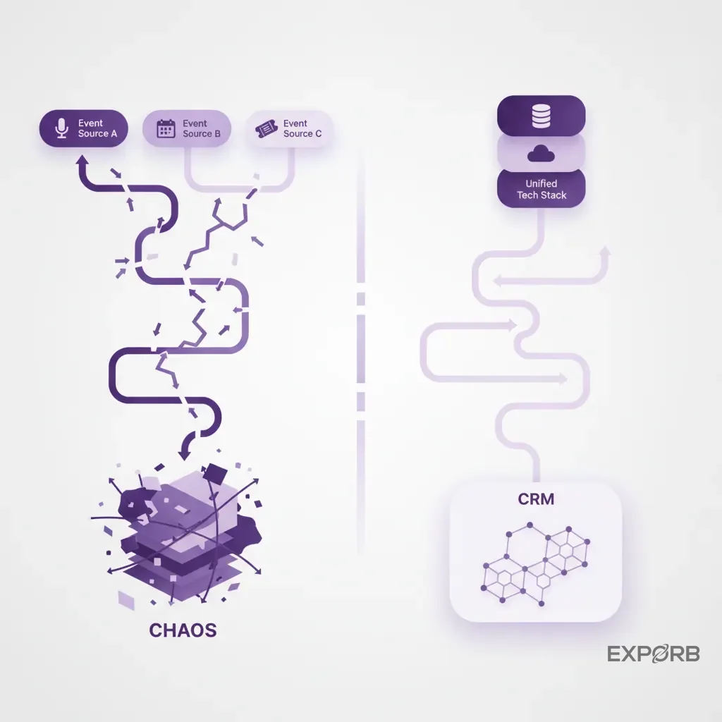 Flussdiagramm, das isolierte Datenströme aus verschiedenen Eventquellen zeigt, die zu Chaos führen, im Gegensatz zu einem vereinheitlichten Tech-Stack, der zu einem sauberen CRM führt.
