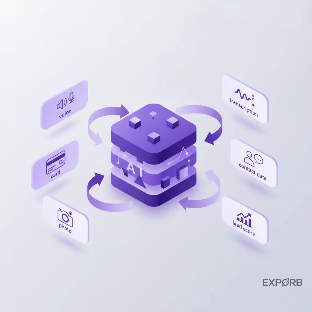 Ein Diagramm, das den KI-Workflow zeigt: Roheingaben (Sprache, Karte, Foto) werden von einer KI-Engine verarbeitet, um strukturierte Ausgaben (Transkription, Kontaktdaten, Lead-Score) zu erstellen.