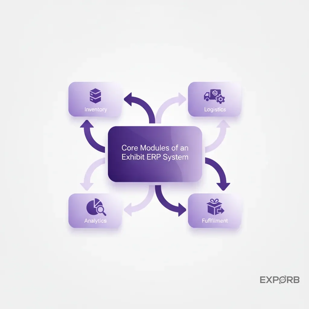 Infografik, die die Kernmodule eines Exhibit-ERP-Systems zeigt: Inventar, Logistik, Fulfillment und Analysen.