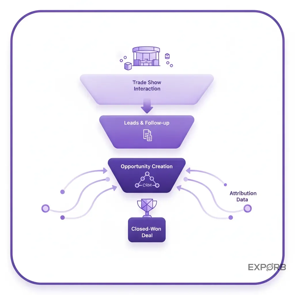 Ein Marketing-Funnel-Diagramm, das die Phasen von der Messeinteraktion bis zu einem gewonnenen Deal zeigt, wobei die Zuordnungsdaten den Funnel wieder hinauf fließen.