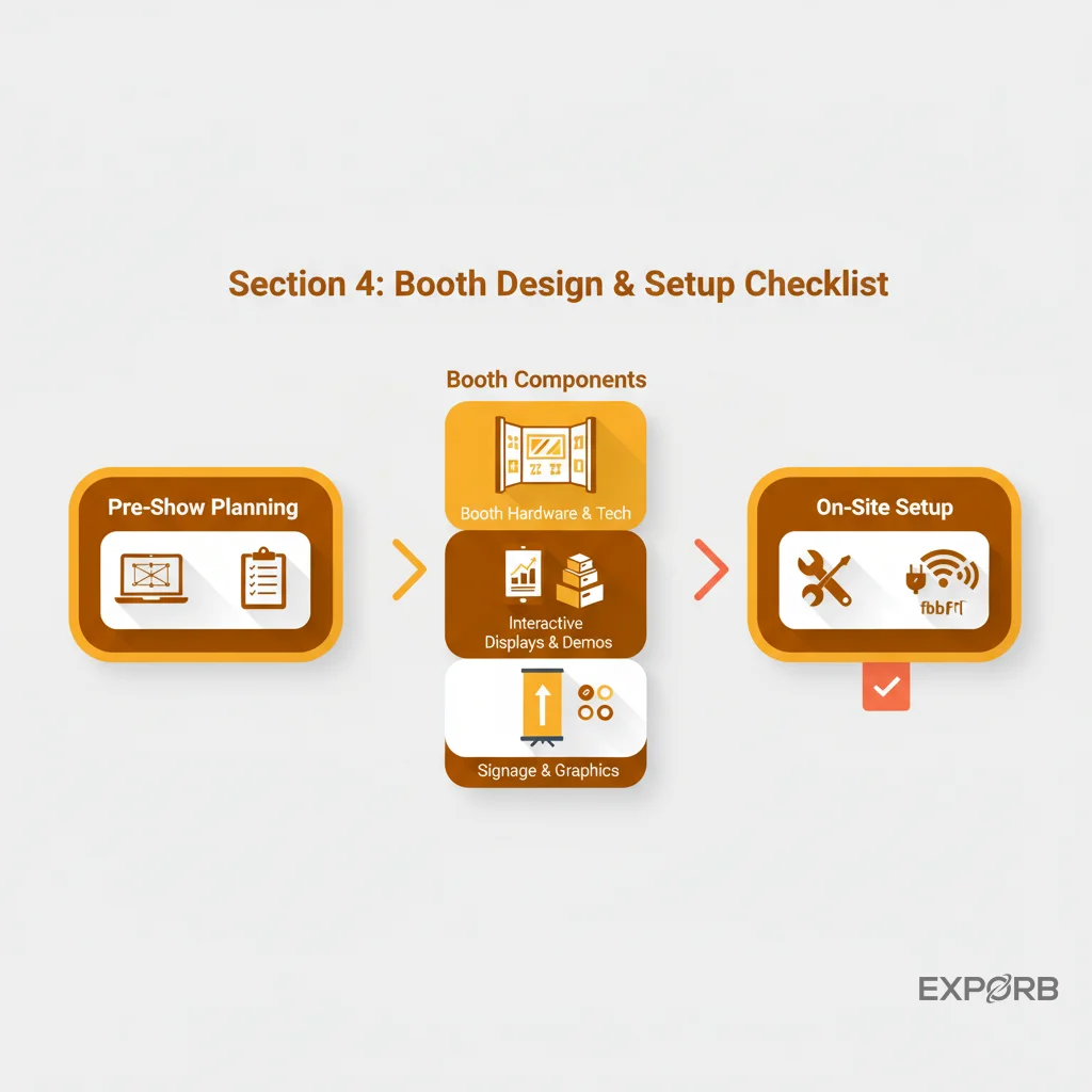 Trade show booth setup checklist with technology and signage items
